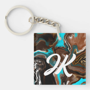 Monogrammed Blue, Brown and Black Abstract Art    Key Ring