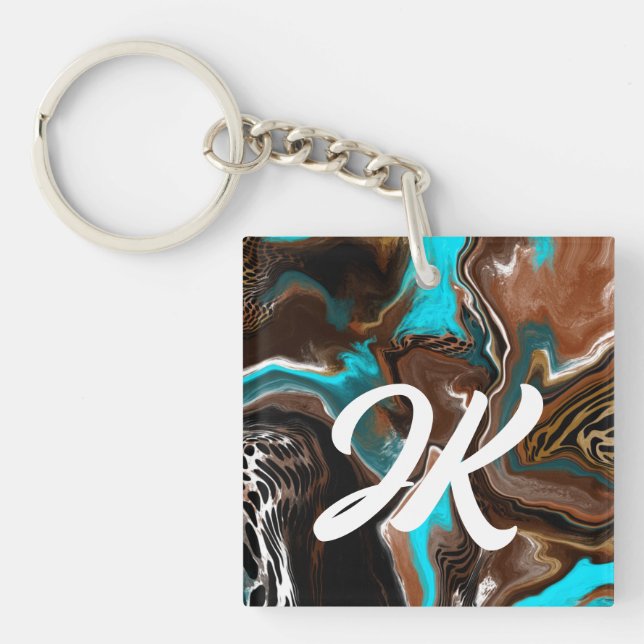 Monogrammed Blue, Brown and Black Abstract Art    Key Ring (Front)