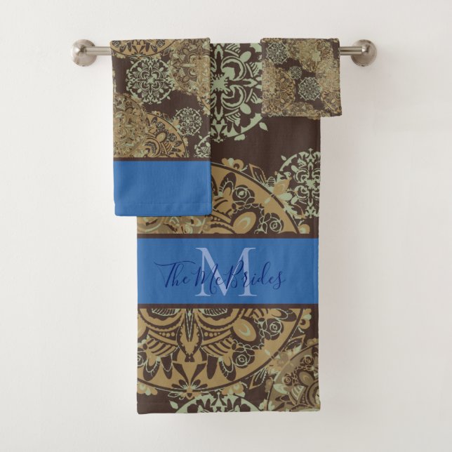 Monogrammed Blue & Brown Boho Moody Mandalas Bath Towel Set (Insitu)