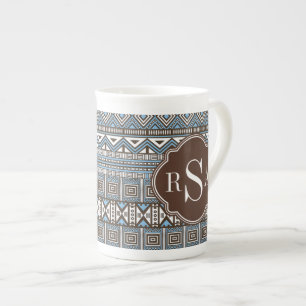Monogrammed Blue Brown Tribal Pattern Bone China Mug
