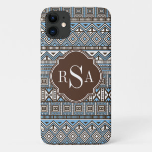 Monogrammed Blue Brown Tribal Pattern iPhone 11 Case