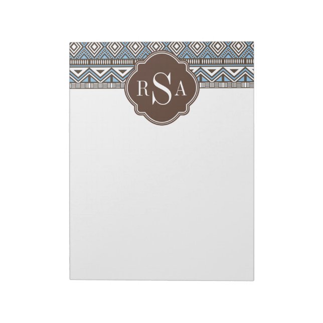 Monogrammed Blue Brown Tribal Pattern Notepad (Rotated)