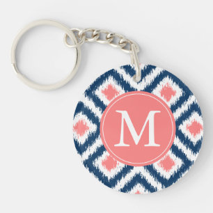 Monogrammed Blue Coral Diamond Ikat Pattern Key Ring
