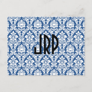 Monogrammed & Blue Damask Postcard
