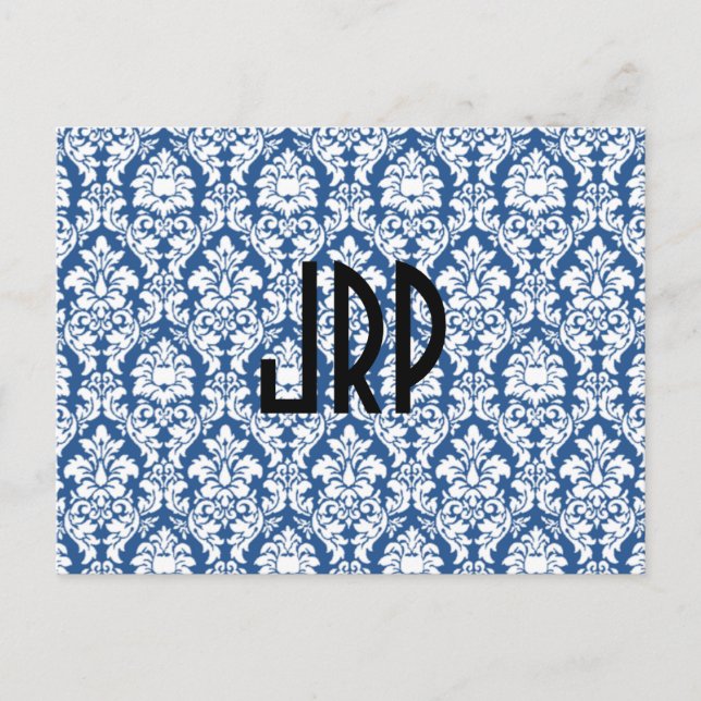Monogrammed  & Blue Damask Postcard (Front)