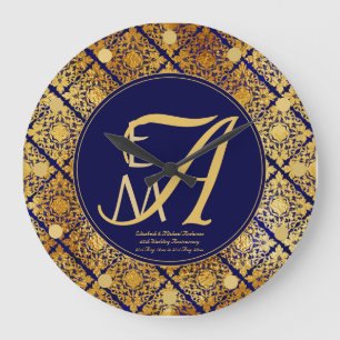 Monogrammed Blue Gold 45th Wedding Anniversary Large Clock