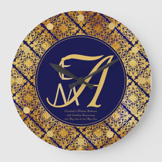 Monogrammed Blue Gold 45th Wedding Anniversary Large Clock (Front)
