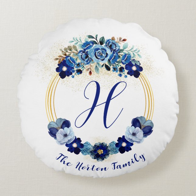  Monogrammed Blue Gold Botanical Garden Wreath Round Cushion (Front)