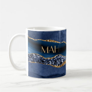 Monogrammed Blue Gold Glitter Agate Marble Trendy  Coffee Mug