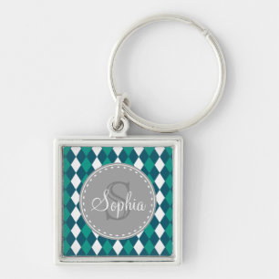 Monogrammed Blue Green Diamdons Pattern Key Ring