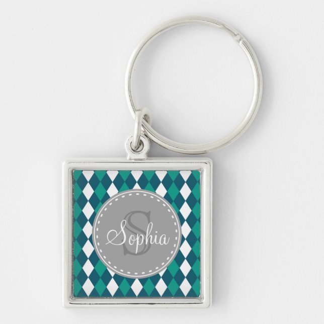 Monogrammed Blue Green Diamdons Pattern Key Ring (Front)