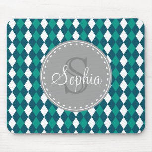 Monogrammed Blue Green Diamdons Pattern Mouse Pad