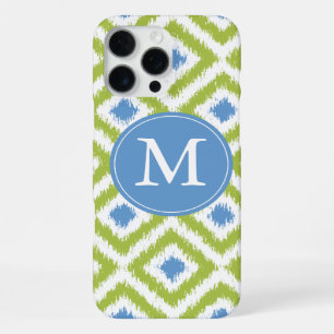 Monogrammed Blue Green Diamond Ikat Pattern iPhone Case