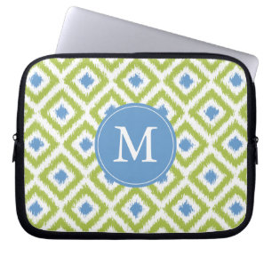 Monogrammed Blue Green Diamond Ikat Pattern Laptop Sleeve