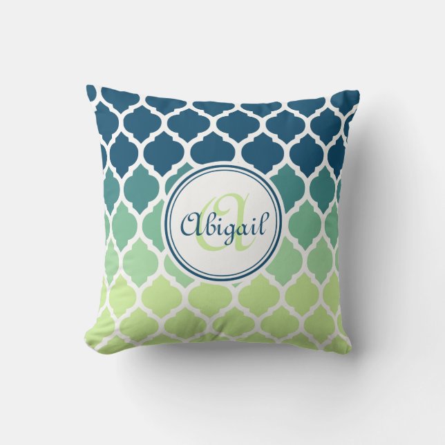 Monogrammed Blue Green Moroccan Lattice Pattern Cushion (Front)