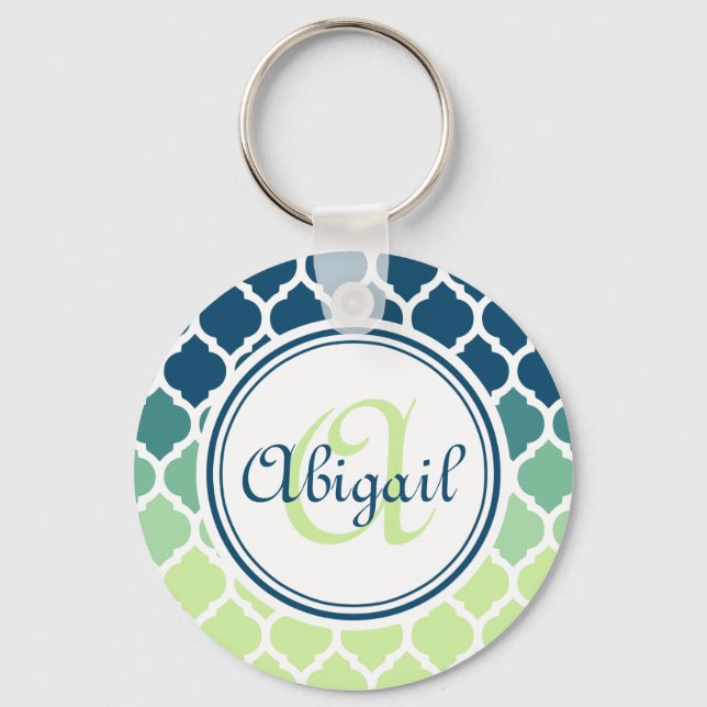 Monogrammed Blue Green Moroccan Lattice Pattern Key Ring (Front)