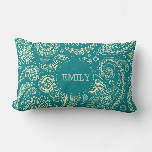 Monogrammed Blue Green Paisley Pattern Lumbar Cushion (Front)