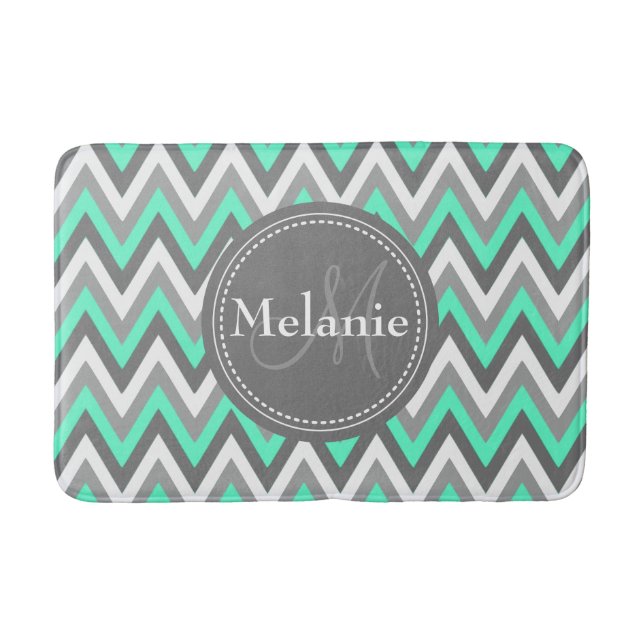 Monogrammed Blue & Grey Chevron Pattern Bath Mat (Front)