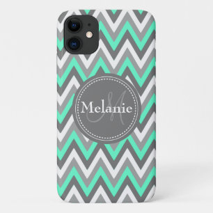 Monogrammed Blue & Grey Chevron Pattern iPhone 11 Case