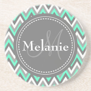 Monogrammed Blue & Grey Chevron Pattern Coaster