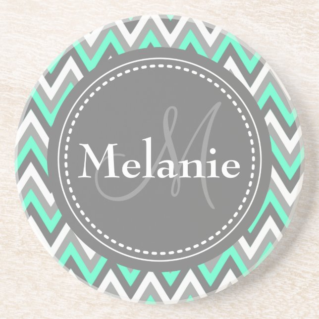 Monogrammed Blue & Grey Chevron Pattern Coaster (Front)