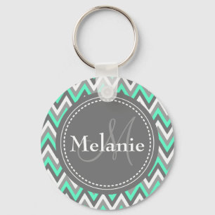 Monogrammed Blue & Grey Chevron Pattern Key Ring