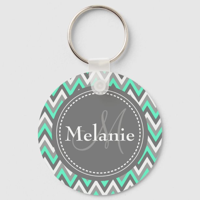 Monogrammed Blue & Grey Chevron Pattern Key Ring (Front)