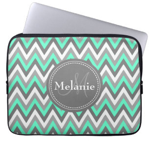 Monogrammed Blue & Grey Chevron Pattern Laptop Sleeve