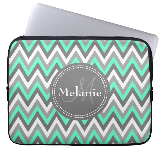 Monogrammed Blue & Grey Chevron Pattern Laptop Sleeve (Front)