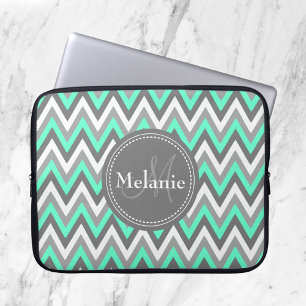 Monogrammed Blue & Grey Chevron Pattern Laptop Sleeve