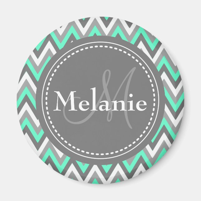 Monogrammed Blue & Grey Chevron Pattern Magnet (Front)