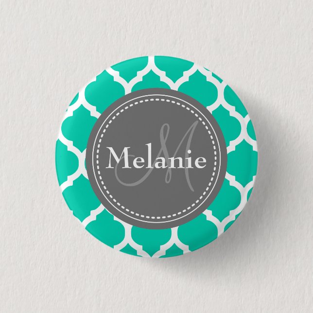 Monogrammed Blue & Grey Quatrefoil 3 Cm Round Badge (Front)