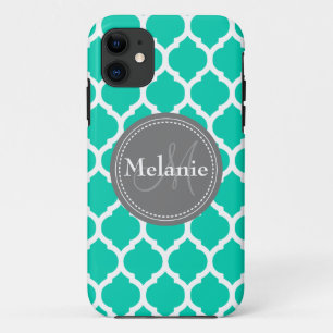 Monogrammed Blue & Grey Quatrefoil iPhone 11 Case