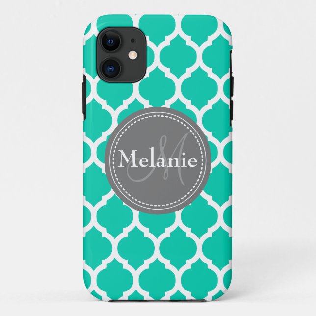 Monogrammed Blue & Grey Quatrefoil Case-Mate iPhone Case (Back)
