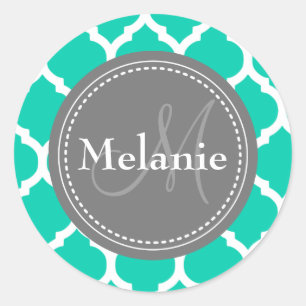Monogrammed Blue & Grey Quatrefoil Classic Round Sticker