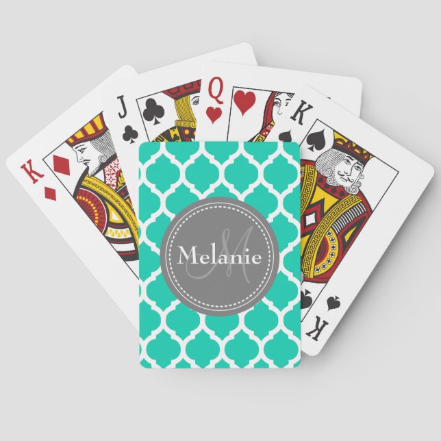 Monogrammed Blue & Grey Quatrefoil Playing Cards (Back)
