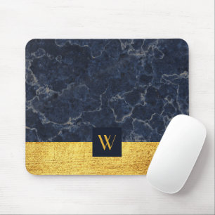 Monogrammed Blue Marble Faux Gold Texture Print Mouse Pad