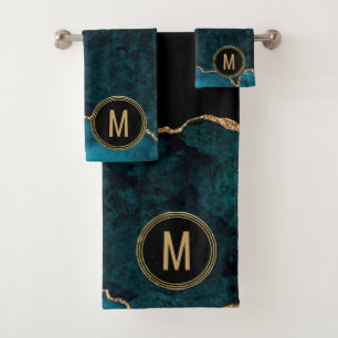 Monogrammed Blue Marble Geode Agate Gold Glitter Bath Towel Set