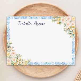 Monogrammed Blue Mediterranean Tiles Flower Lemon Card