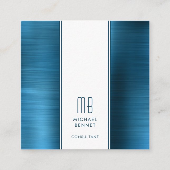 Monogrammed Blue Metallic Foil Consultant Square Business Card (Front)
