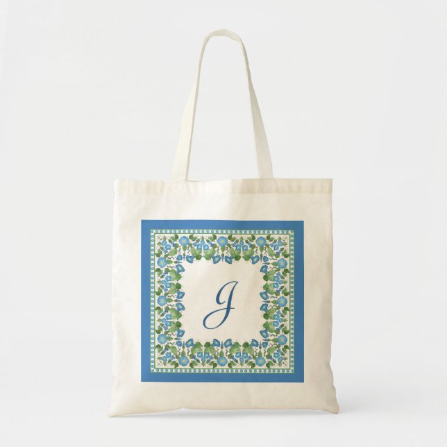 Monogrammed Blue Morning Glory Border Tote Bag (Front)