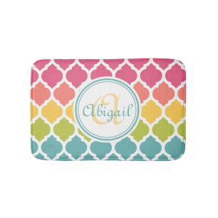 Monogrammed Blue Pink Moroccan Lattice Pattern Bath Mat