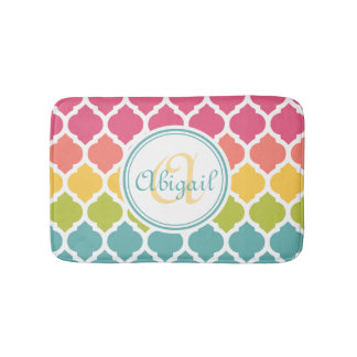 Monogrammed Blue Pink Moroccan Lattice Pattern Bath Mat