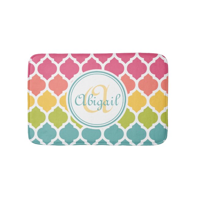 Monogrammed Blue Pink Moroccan Lattice Pattern Bath Mat (Front)