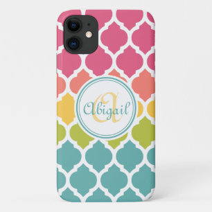Monogrammed Blue Pink Moroccan Lattice Pattern iPhone 11 Case