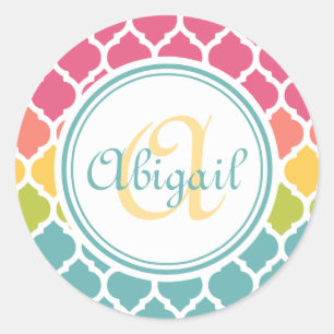 Monogrammed Blue Pink Moroccan Lattice Pattern Classic Round Sticker