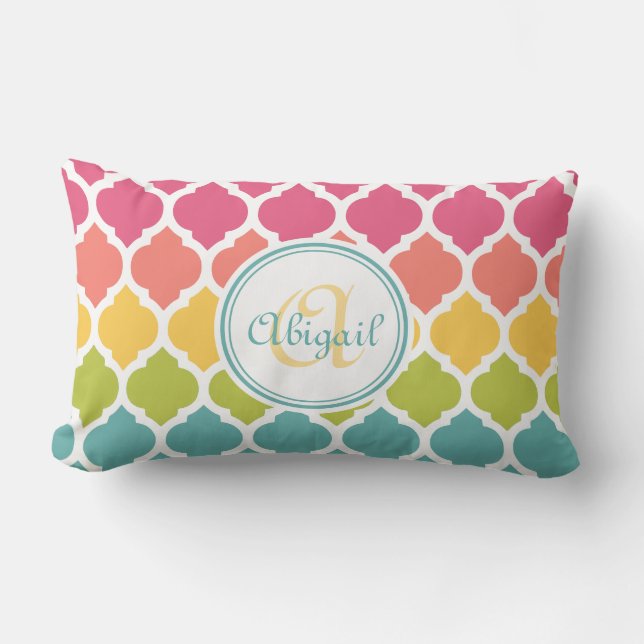 Monogrammed Blue Pink Moroccan Lattice Pattern Lumbar Cushion (Front)