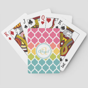 Monogrammed Blue Pink Moroccan Lattice Pattern Playing Cards