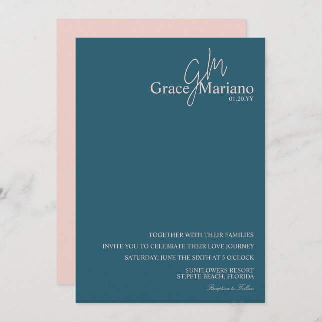 Monogrammed Blue  Pink Script Logo Wedding    Invitation (Front/Back)