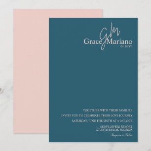 Monogrammed Blue Pink Script Logo Wedding Invitation